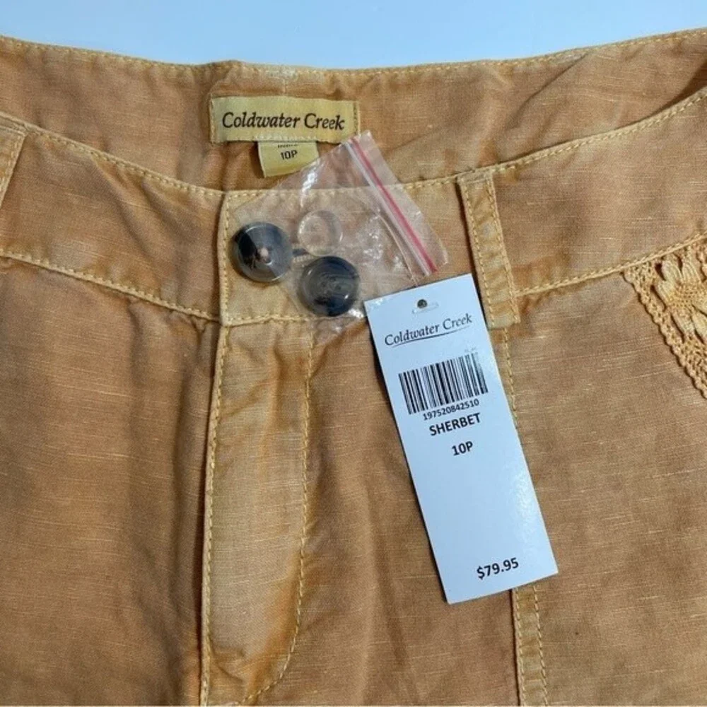 NWT Coldwater Creek Linen Blend‎ Capris Size 10P Lace Accent Pants in Sherbet